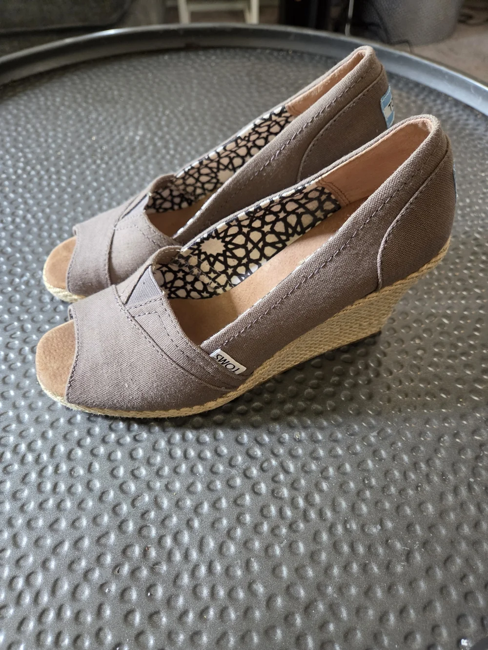 TOMS Brown Canvas Peep-Toe Espadrille Wedges